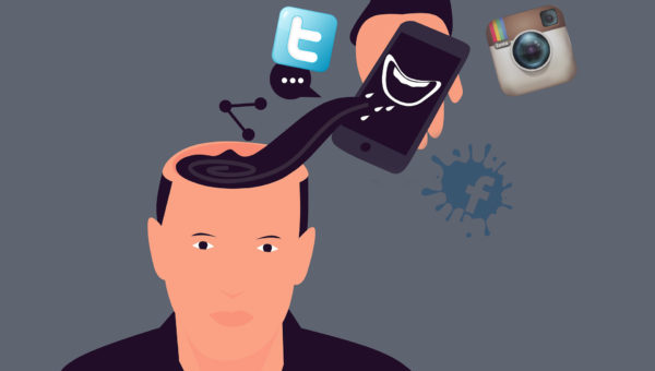 Illustration of man with social media icons coming out of head