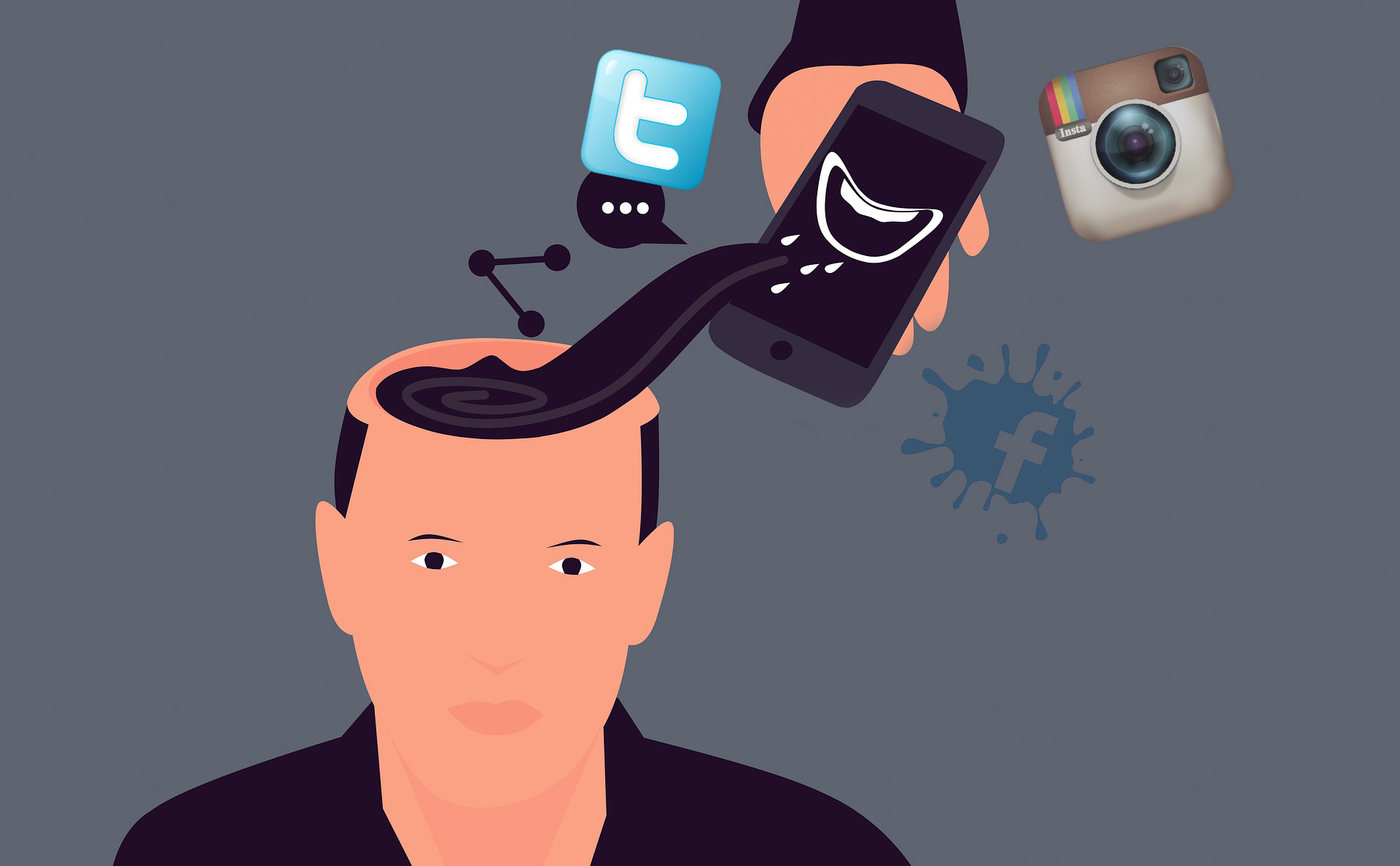 Illustration of man with social media icons coming out of head