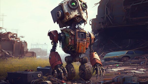 Unhappy robot in junkyard