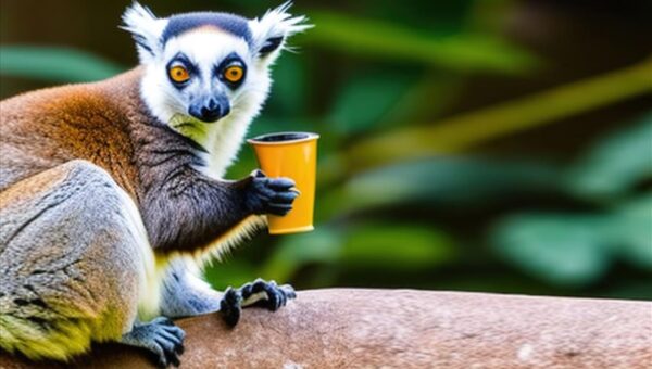 Lemur drinking a cup of coffee