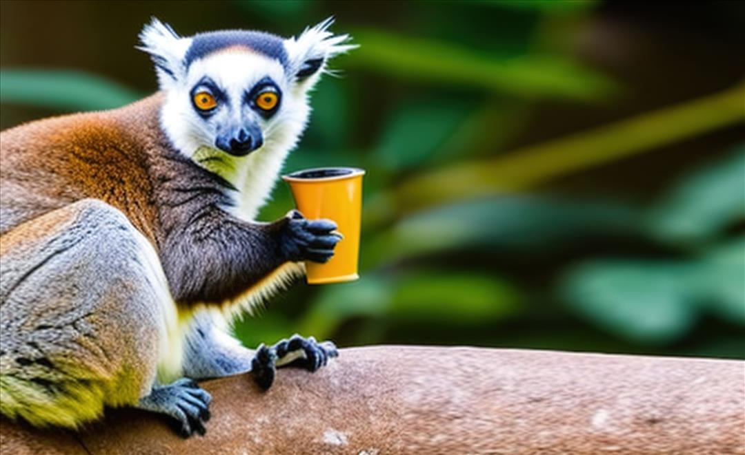 Lemur drinking a cup of coffee